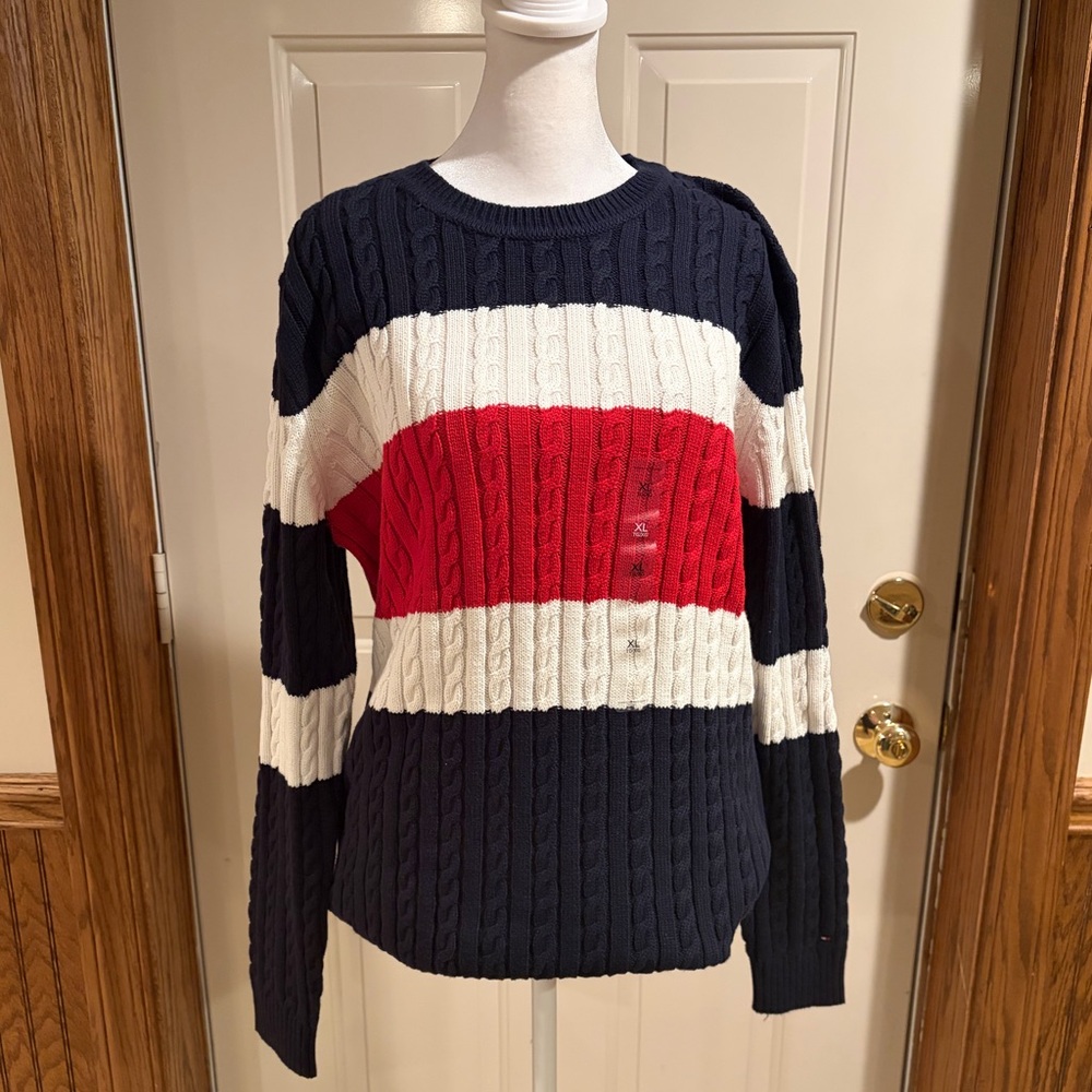 Tommy Hilfiger Navy Red White Cable Knit Sweater Colorblock Crewneck XL NWT